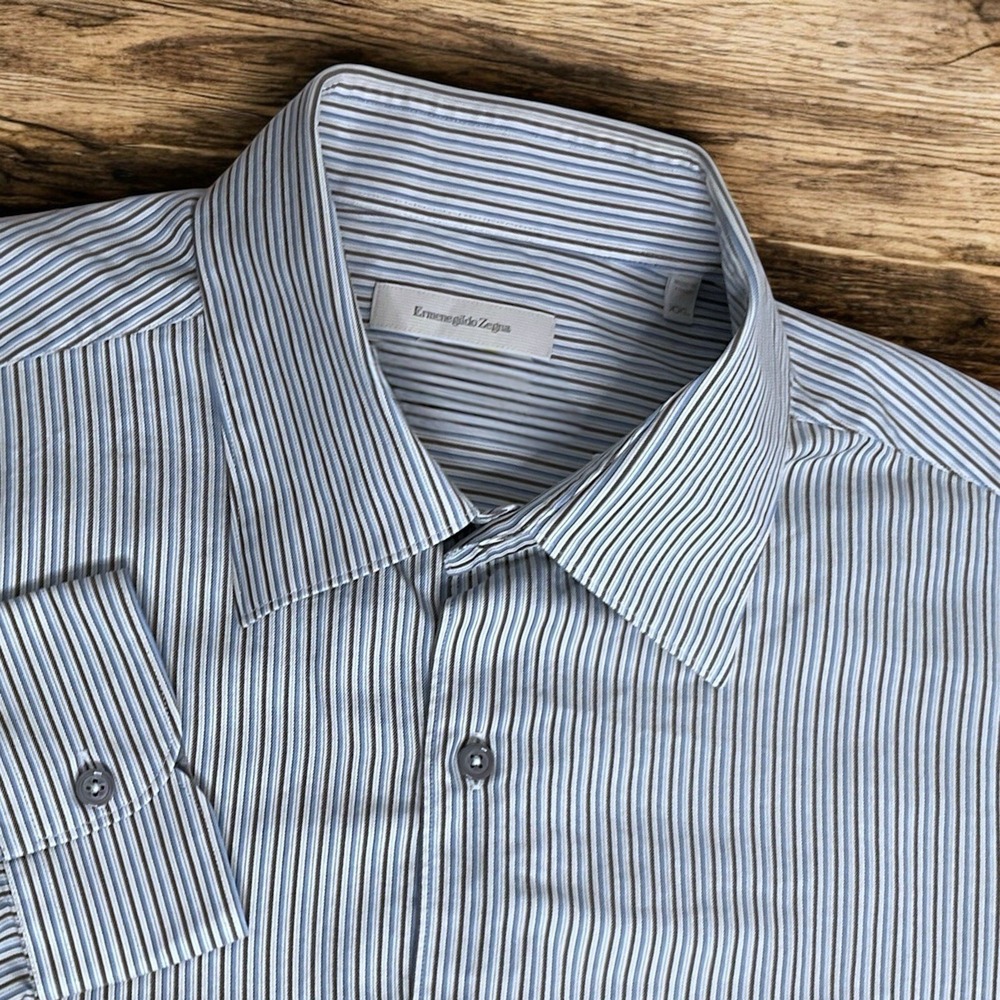 Ermenegildo Zegna Men's 2XL Long Sleeve Button Down Dress Shirt White Blue Gray